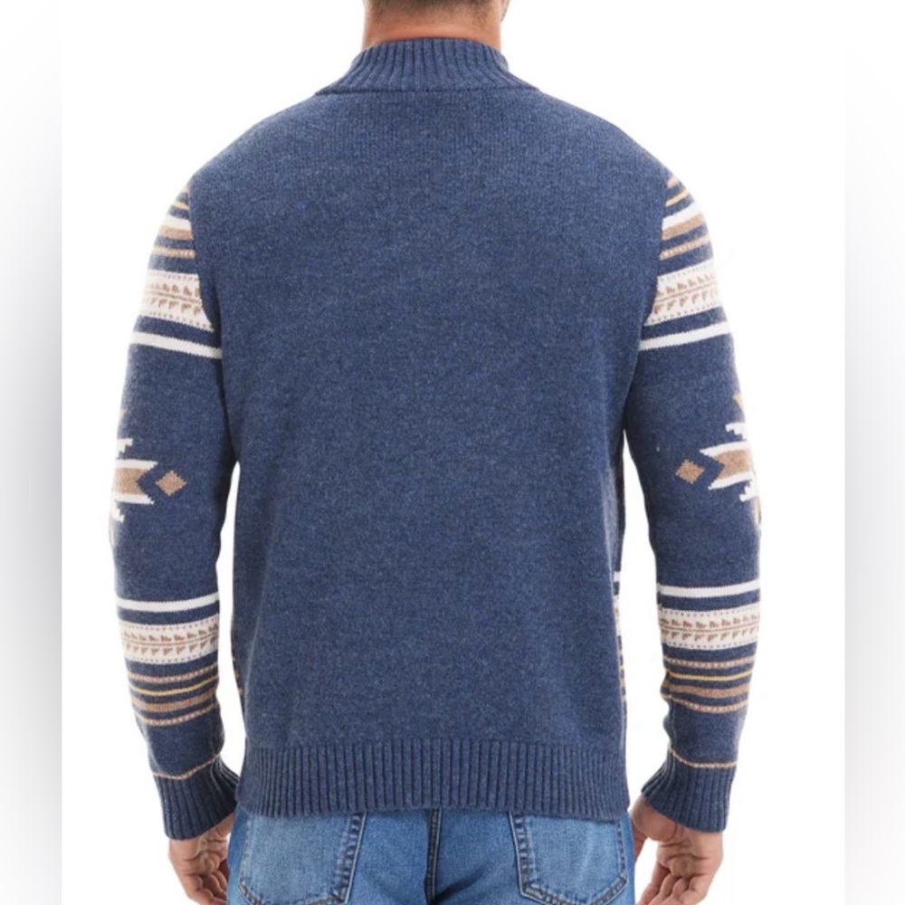 NEW! Frye Navy and Tan Patterned Zip-Up Cardigan Sweater - Picture 6 of 6